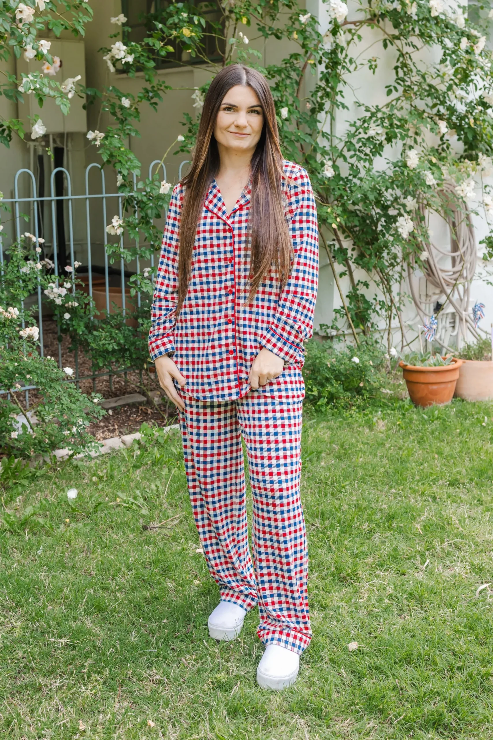 Long-Sleeved Women's Pajama Set in Patriotic Gingham