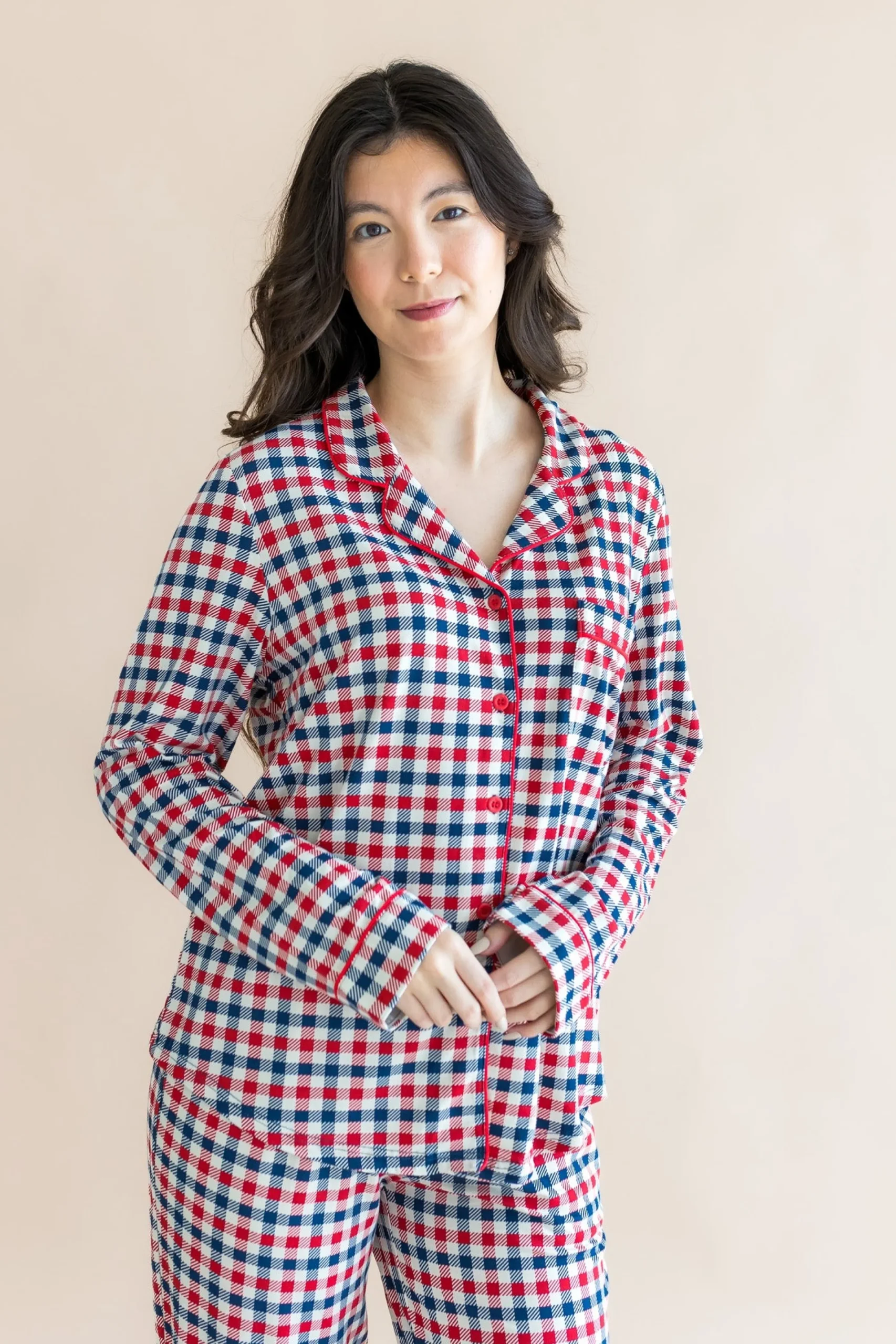 Long-Sleeved Women's Pajama Set in Patriotic Gingham