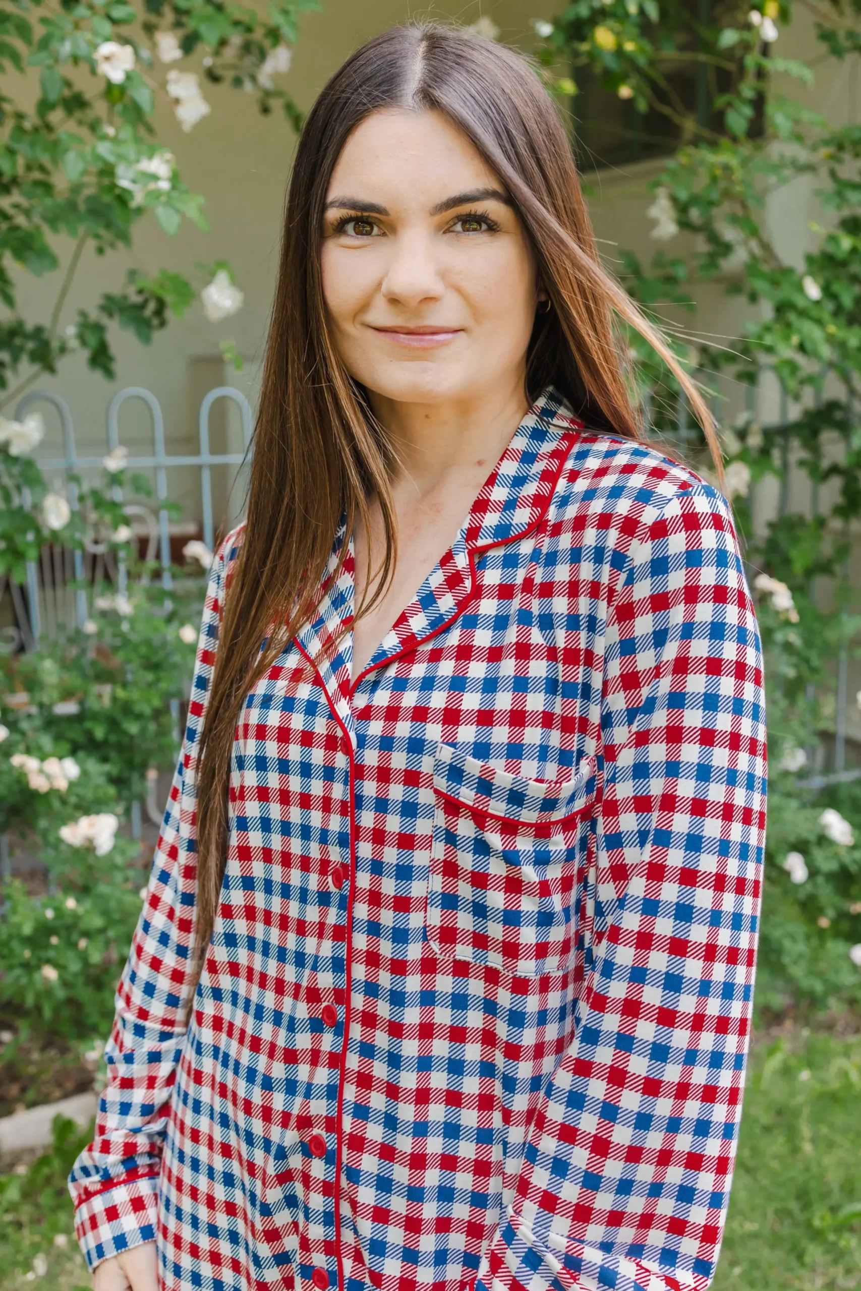 Long-Sleeved Women's Pajama Set in Patriotic Gingham