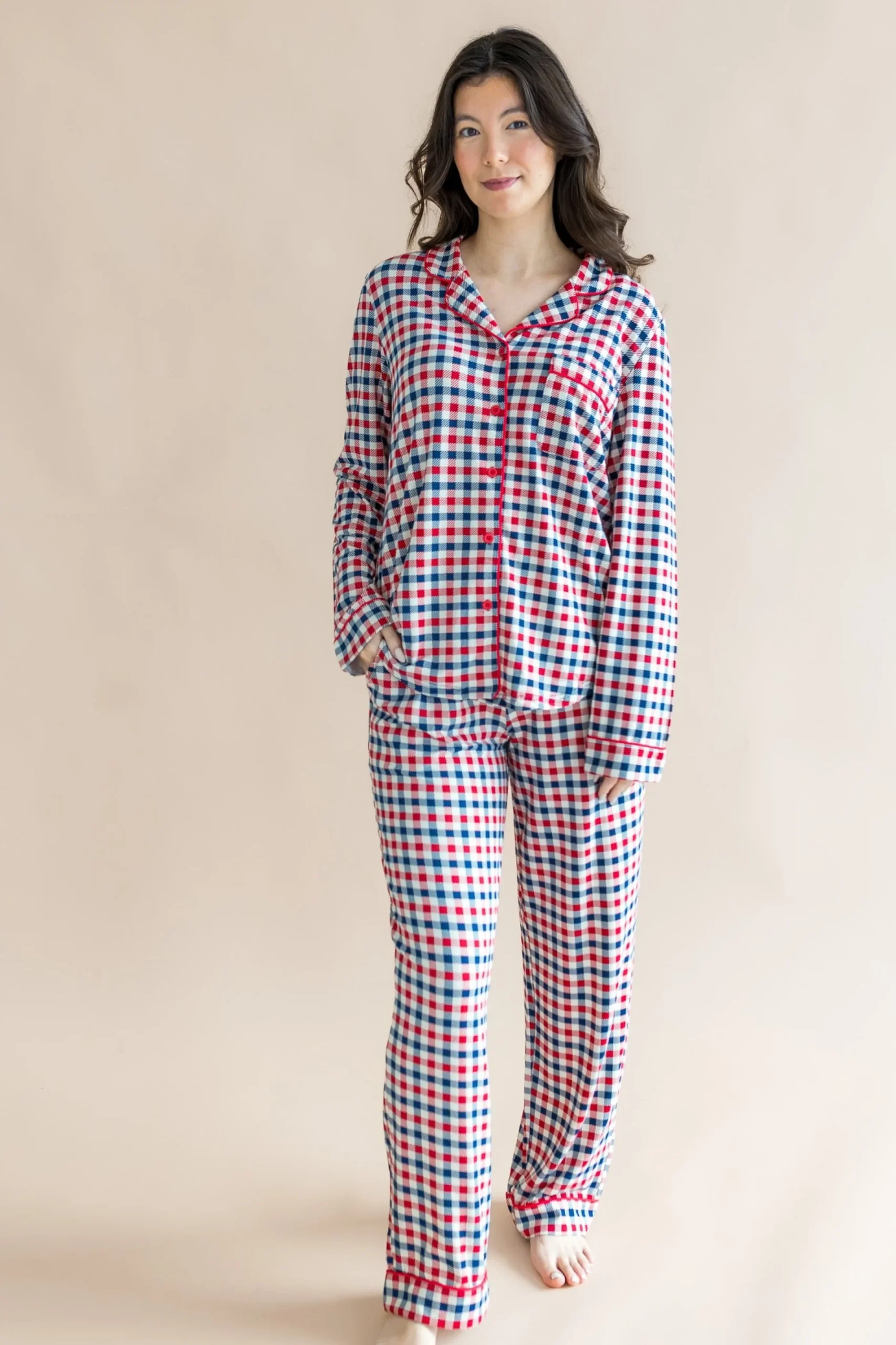 Long-Sleeved Women's Pajama Set in Patriotic Gingham