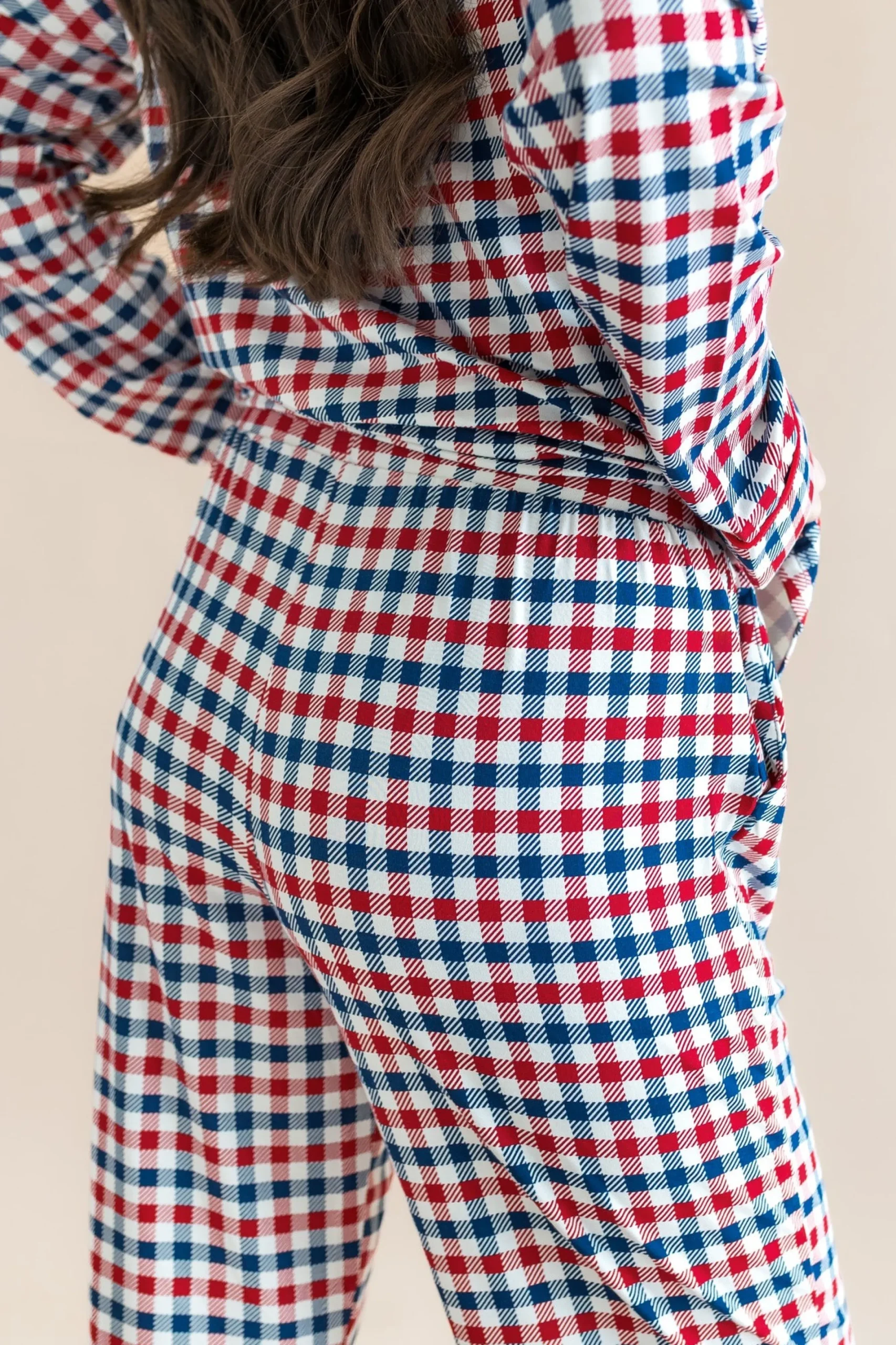 Long-Sleeved Women's Pajama Set in Patriotic Gingham