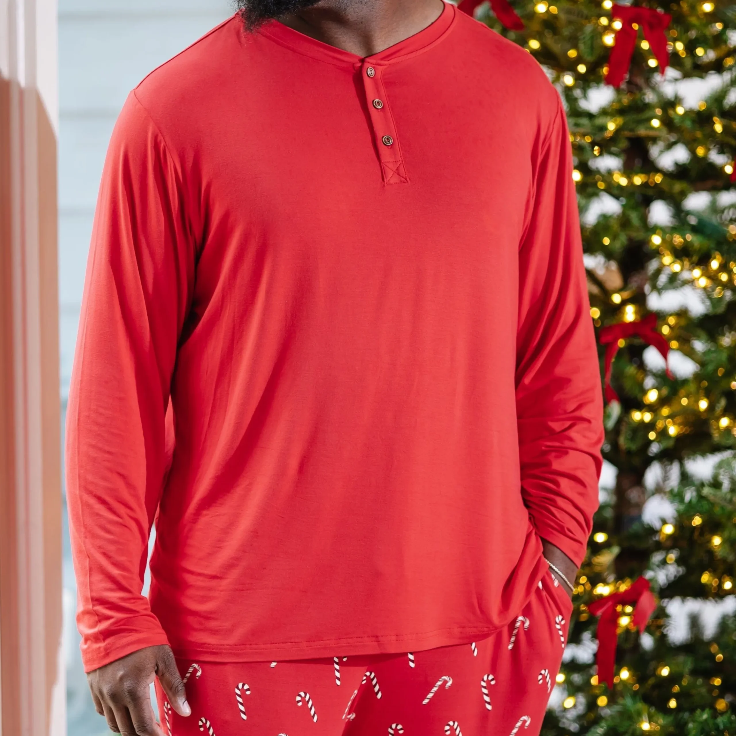 Men's Long Sleeve Henley Top in Cardinal