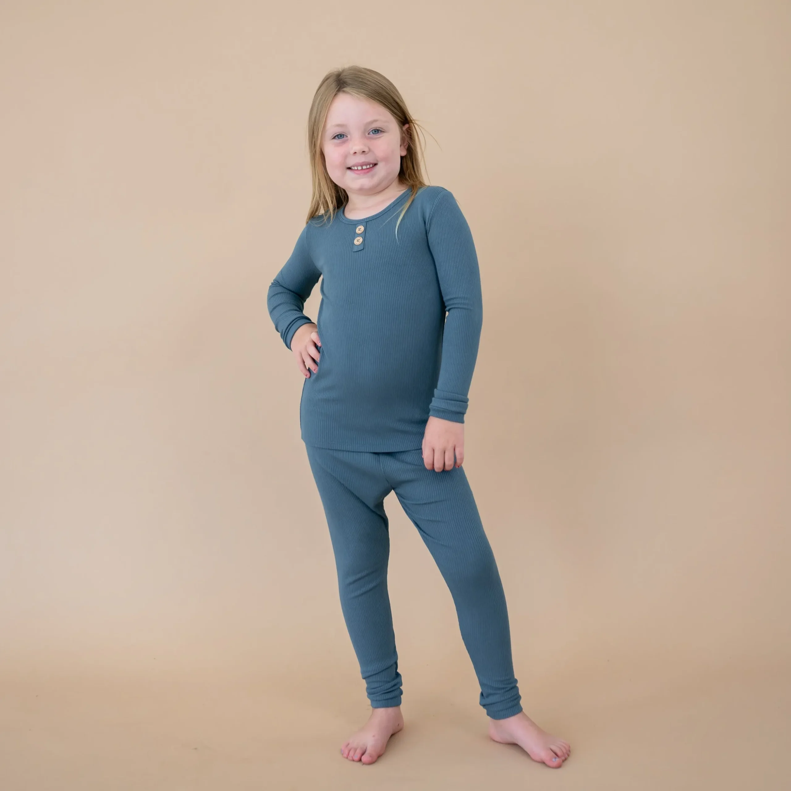 Ribbed Henley Set in Atlantic