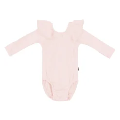 Ribbed Long Sleeve Ruffle Leotard in Blush