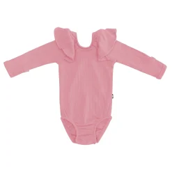 Ribbed Long Sleeve Ruffle Leotard in Apple Blossom