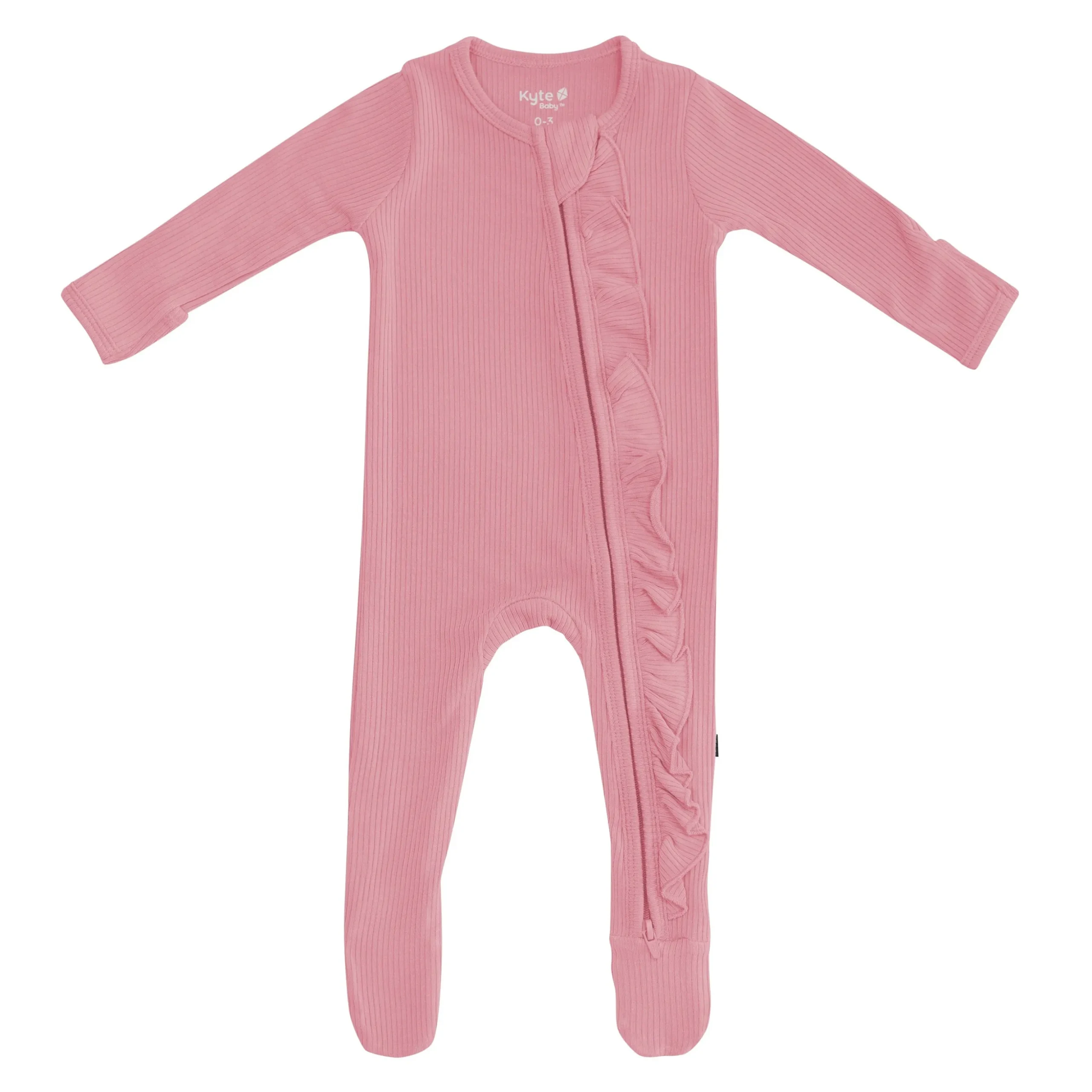 Ribbed Ruffle Zipper Footie in Apple Blossom