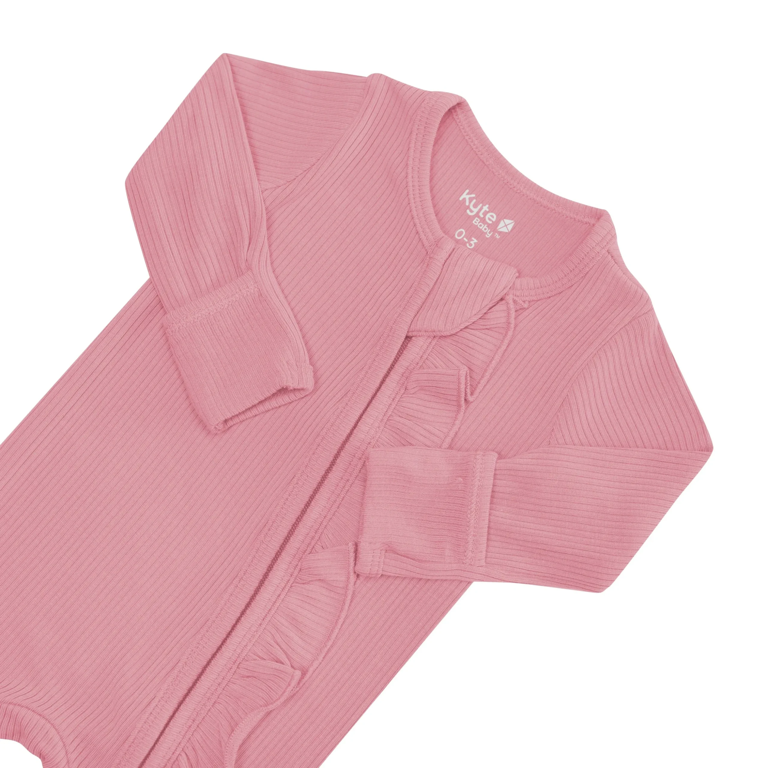 Ribbed Ruffle Zipper Footie in Apple Blossom