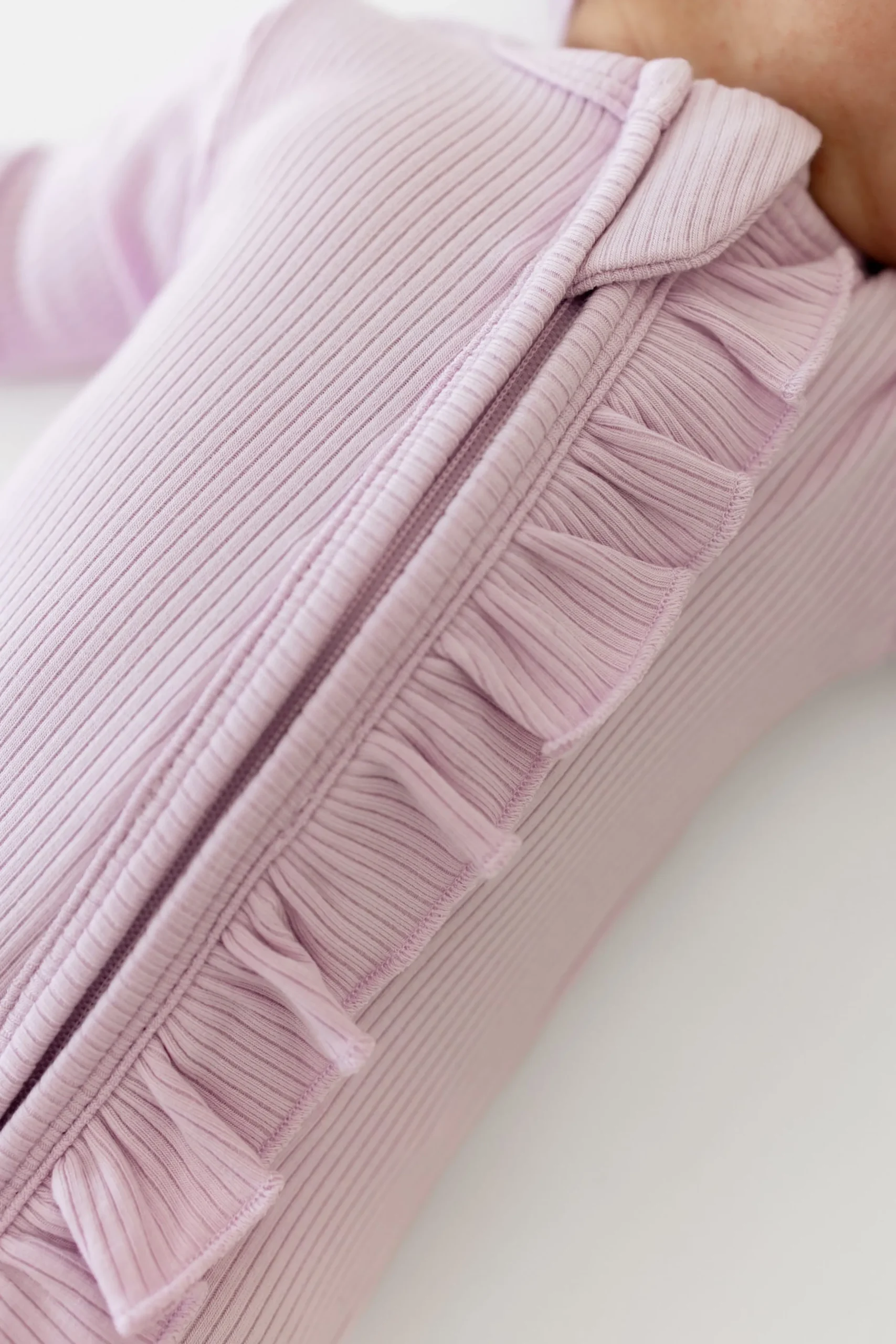 Ribbed Ruffle Zipper Footie in Thistle