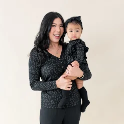 Women's Long Sleeve Henley Tee in Midnight Leopard