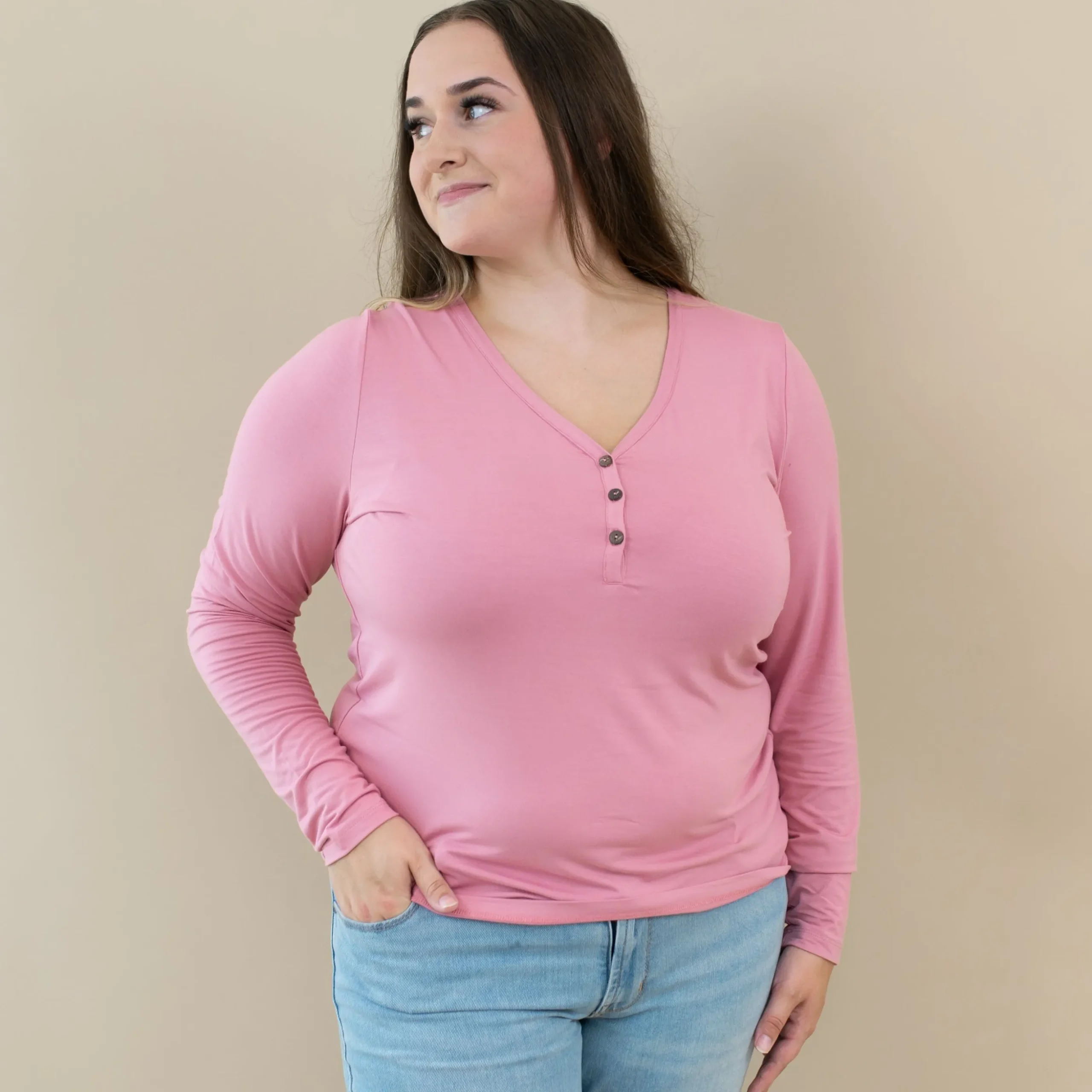 Women's Long Sleeve Henley Tee in Apple Blossom