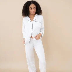 Women's Long Sleeve Pajama Set in Snow with Midnight Trim