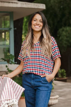 Women's Relaxed Fit V-Neck in Patriotic Gingham