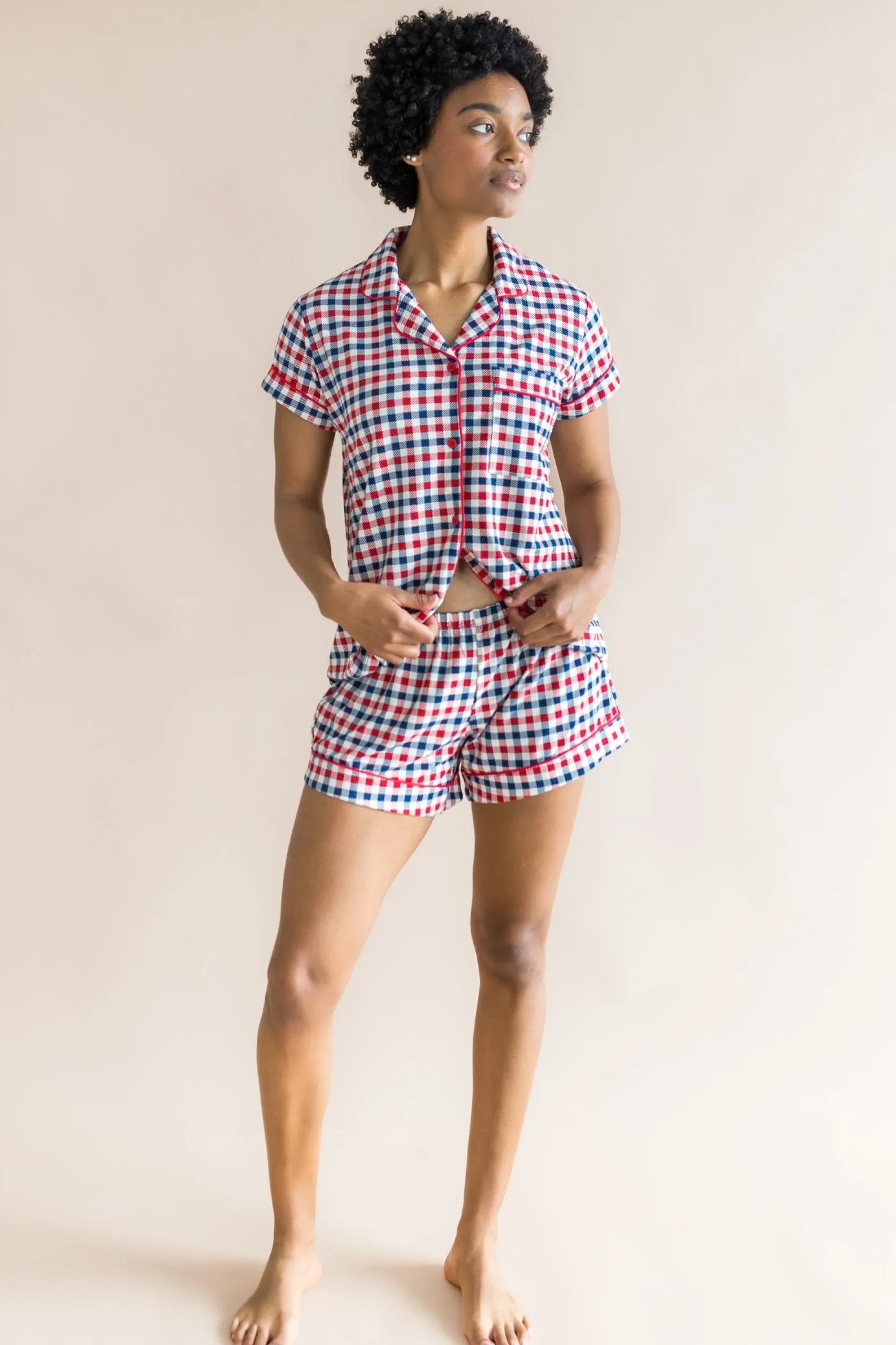 Women's Short Sleeve Pajama Set in Patriotic Gingham